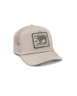 Quarterfront view of Soco Patch Five-Panel Trucker II - Cream on plain background