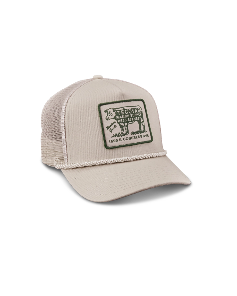 Quarterfront view of Soco Patch Five-Panel Trucker II - Cream on plain background