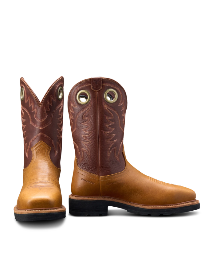 A pair of cowboy boots with brown leather shafts and tan leather feet, featuring decorative stitching and pull holes.