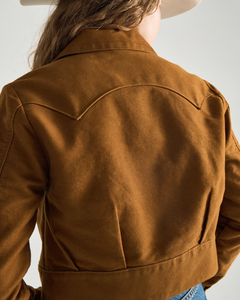 Closeup detail view of Women's Moleskin Pearl Snap Jacket - Camel