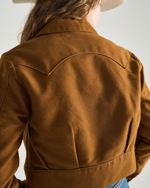 Closeup detail view of Women's Moleskin Pearl Snap Jacket - Camel