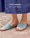 Closeup image of woman wearing The Carmen in Sky showing some unique selling points
