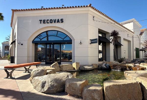 A Tecovas storefront with arched glass doors, a rock-lined pond in front, a wooden bench, and clear sunny skies.