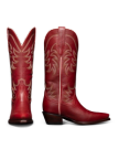 Two red cowboy boots with intricate stitching. One boot is shown from the front and the other from the side, displaying a pointed toe and a low heel, set against a black background.