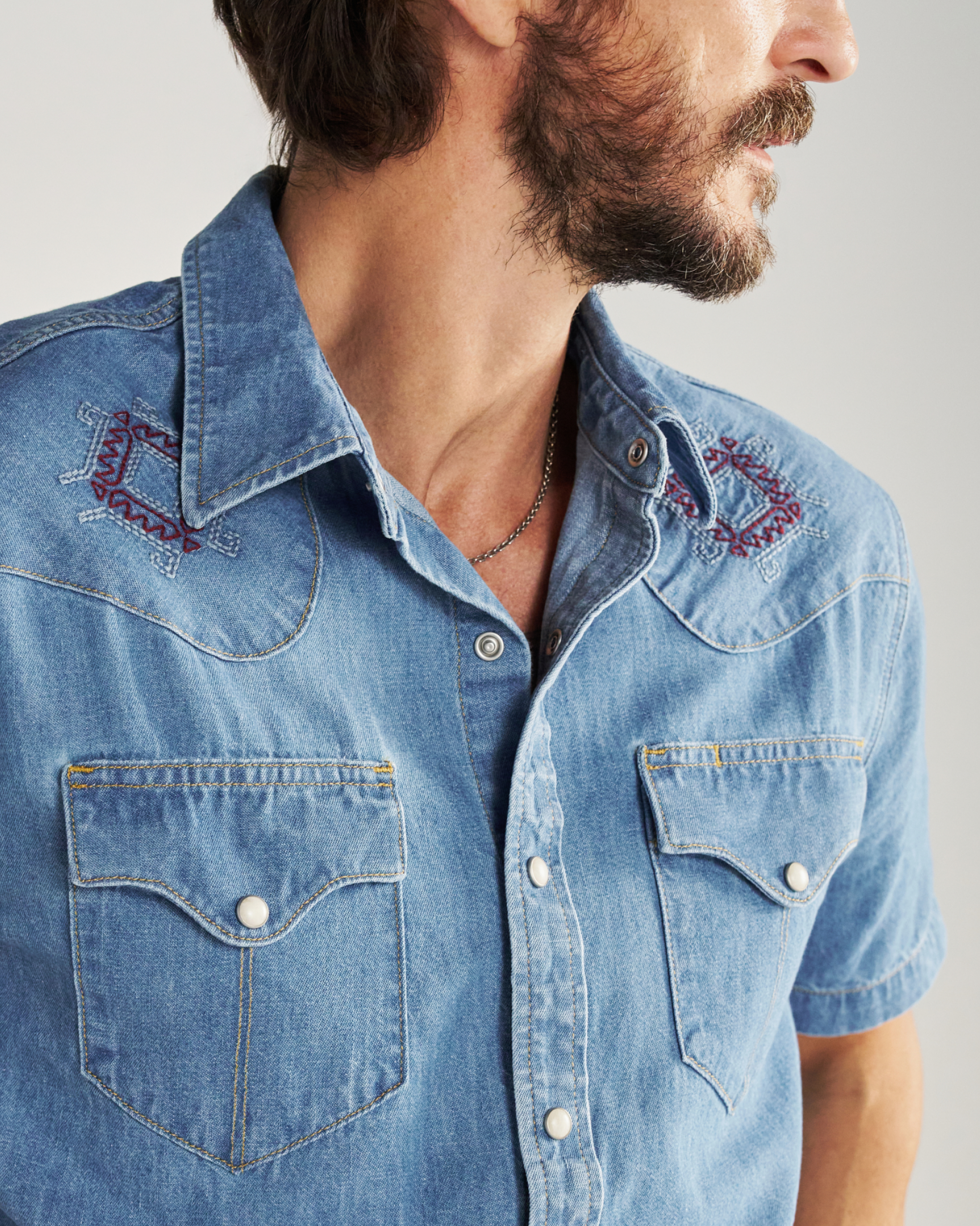 Closeup detail view of Men's Denim Pearl Snap SS - Turquoise / Multi