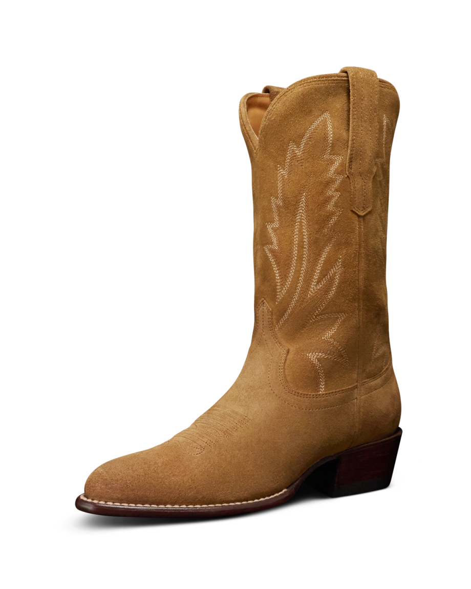 Quarterfront view of The Jamie II - Caramel Suede on plain background