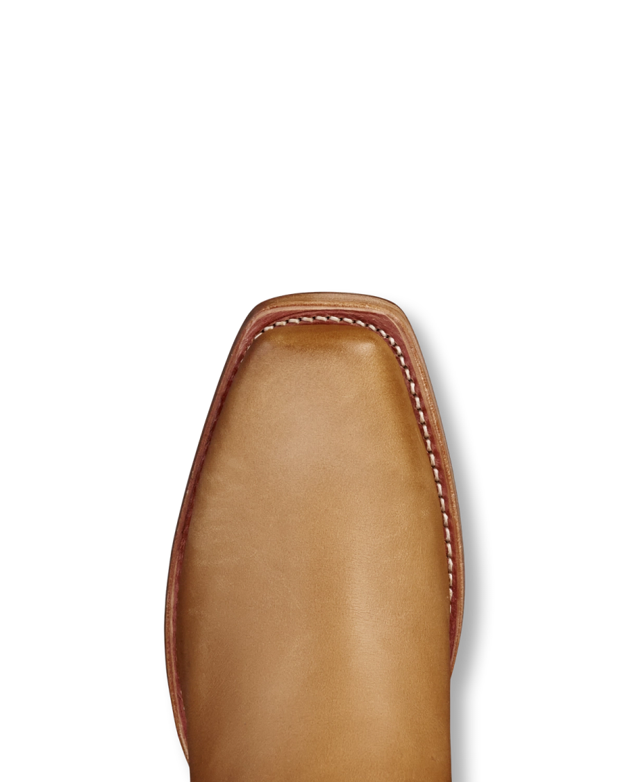 Toe view of The Charlie Wide Calf - Camel Cowhide on plain background