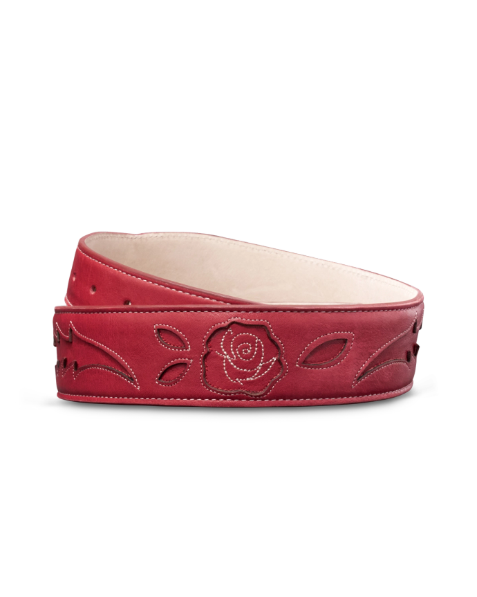 Back view of Women's Rose Inlay Belt - Crimson on plain background