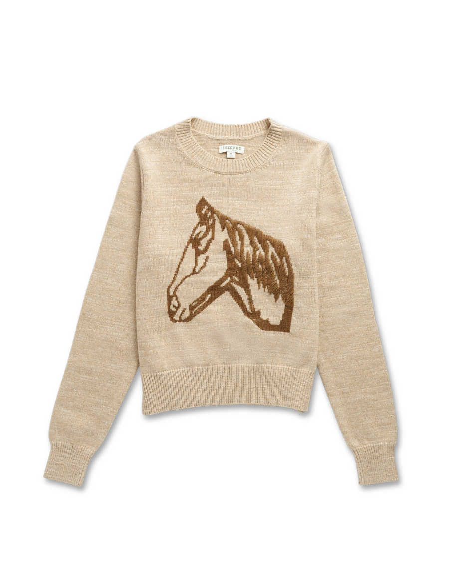 Front view of Women's Horse Crew Neck Sweater - Oatmeal on plain background