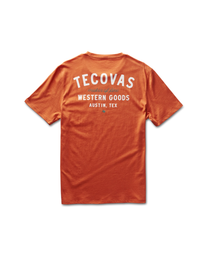 Flatlay image of the orange rust tecovas t shirt on a plain background