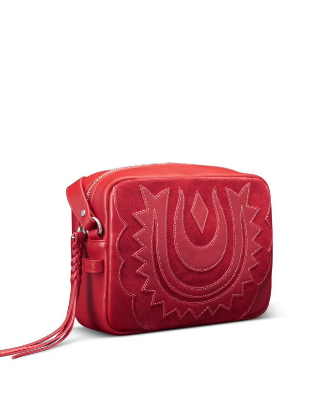 Quarterfront view of Horseshoe Topzip Crossbody - Crimson on plain background