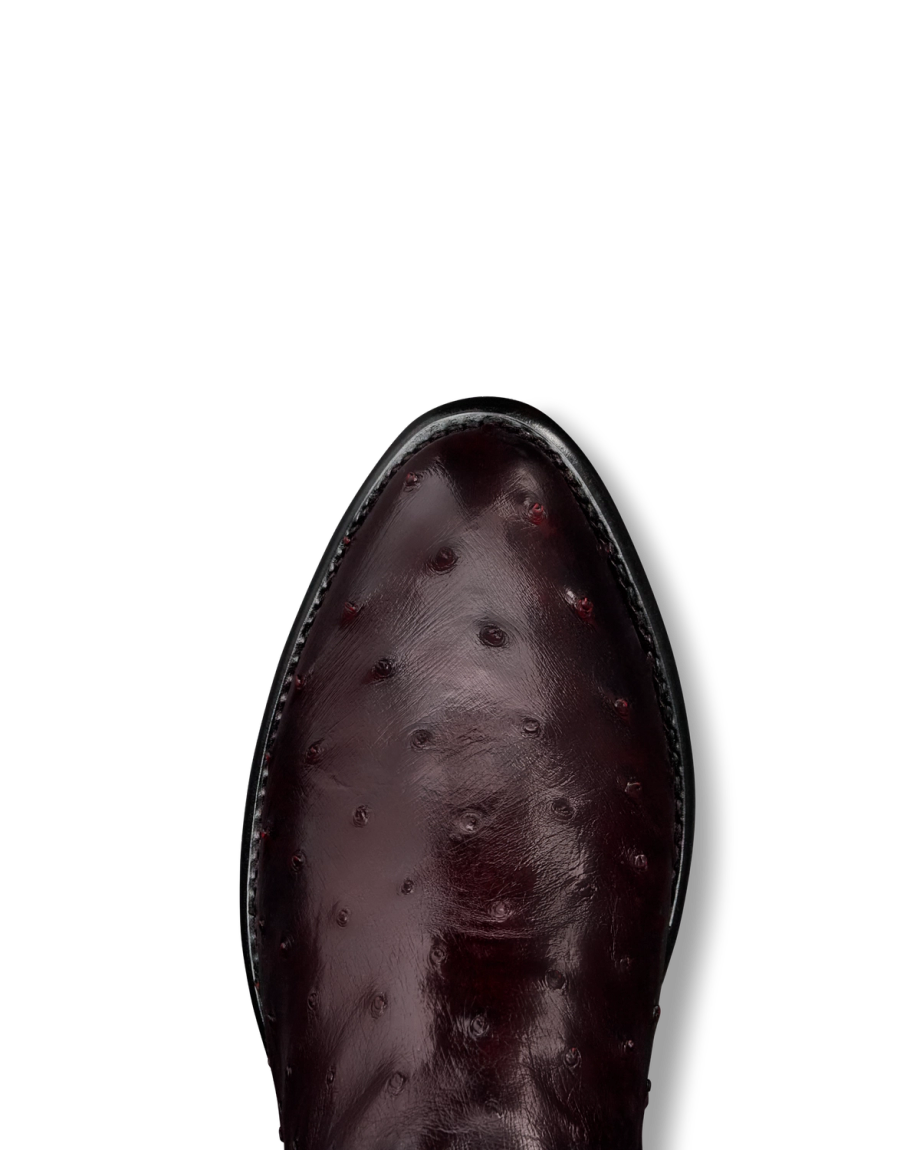 Toe view of The Wyatt - Black Cherry Ostrich on plain background