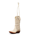 A single cream-colored cowboy boot with decorative stitching and a rope loop attached to the top, shown against a plain white background.