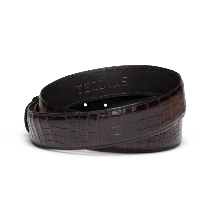 Back view of Men's Crocodile Belt - Black Cherry on plain background