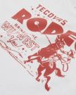 White T-shirt with red graphic of a cowboy on horseback and text that reads "Tecovas Rodeo, Bringing the Wild West to You!.