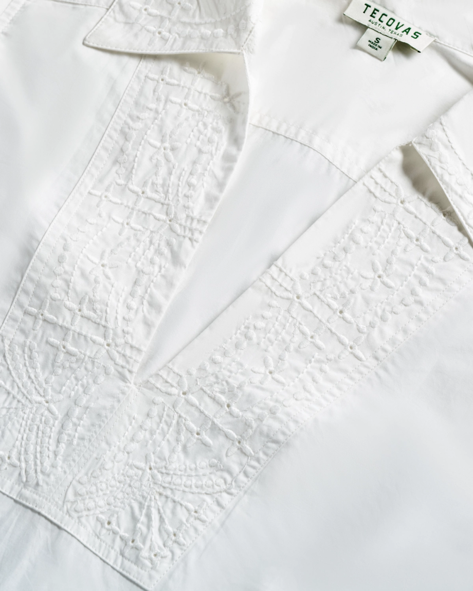 Closeup detail view of Women's L/S Embroidered Cotton Popover Top - White