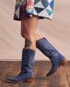 women in indigo blue suede annie cowgirl boots