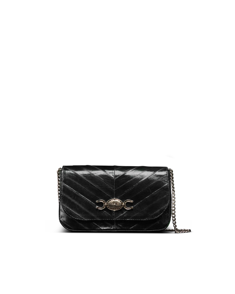 Front view of Eel Concho Clutch - Midnight on plain background