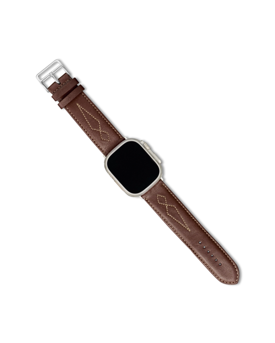 Front view of Cowhide Apple Watch Band - Brown on plain background