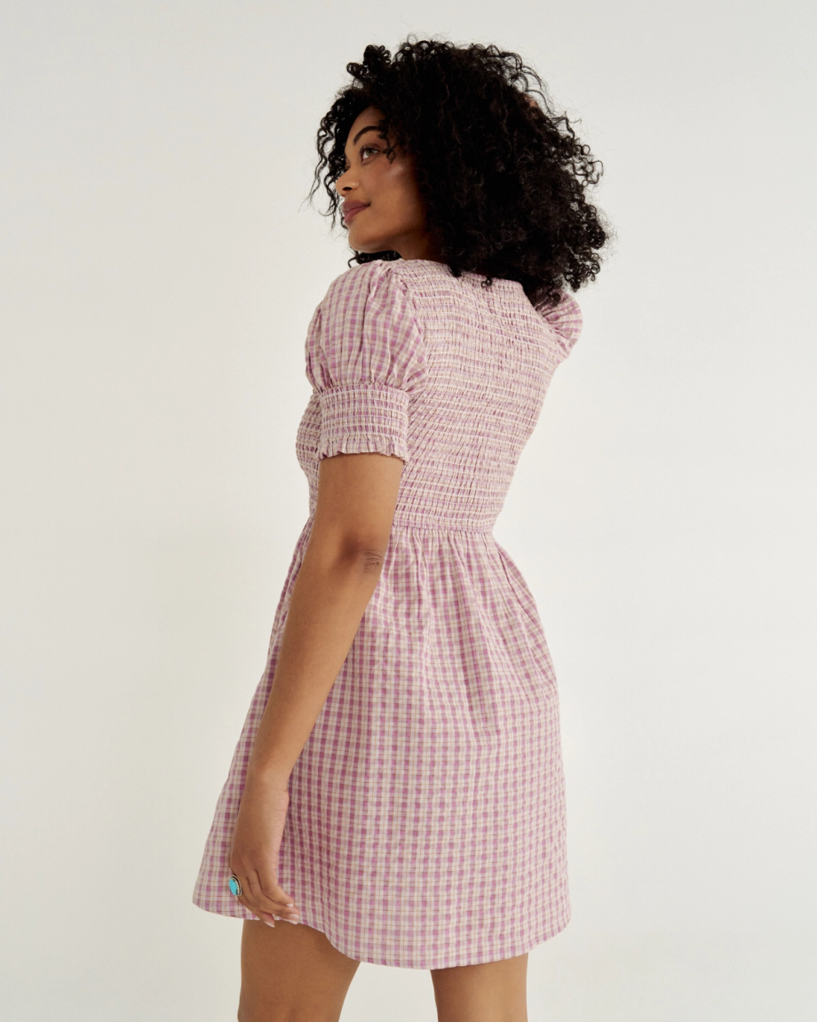Back view of Women's Mini Dress - Purple on model
