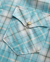 Closeup detail view of Men's Cotton Short Sleeve Pearl Snap - Coastal Blue Multi Plaid