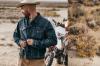 a split image of cowboy wearing denim jacket and cowboy hat with bike in the background on the left, and desert foliage on the right