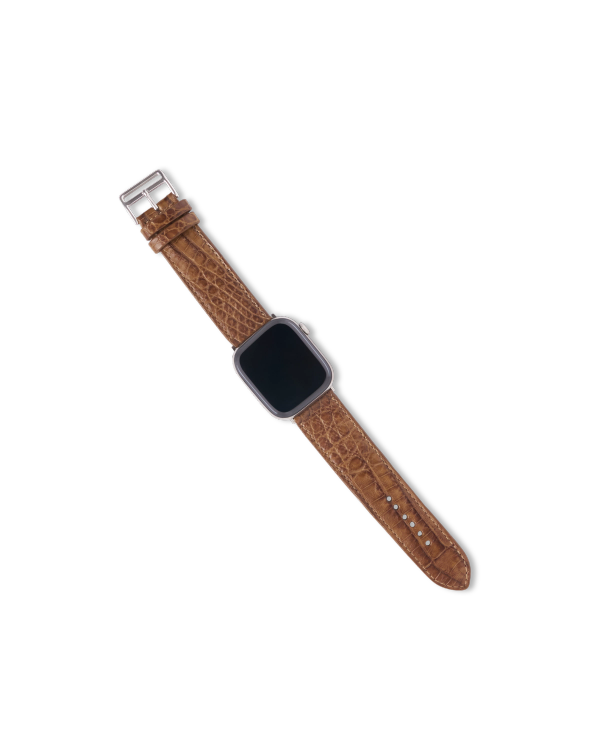A smartwatch with a blank screen and a brown leather strap is displayed on a white background.