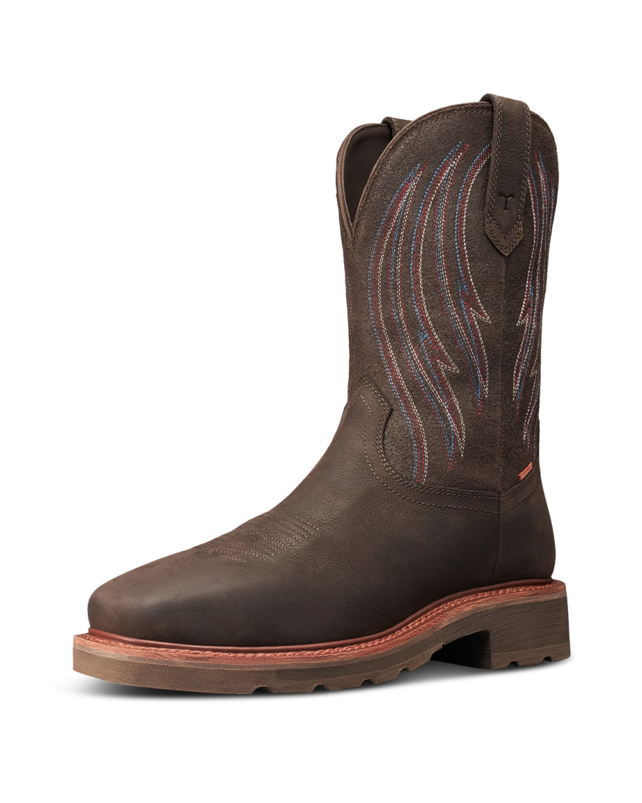 Quarterfront view of LongHaul Waterproof Square Composite Toe Work Boot - Umber Cowhide on plain background