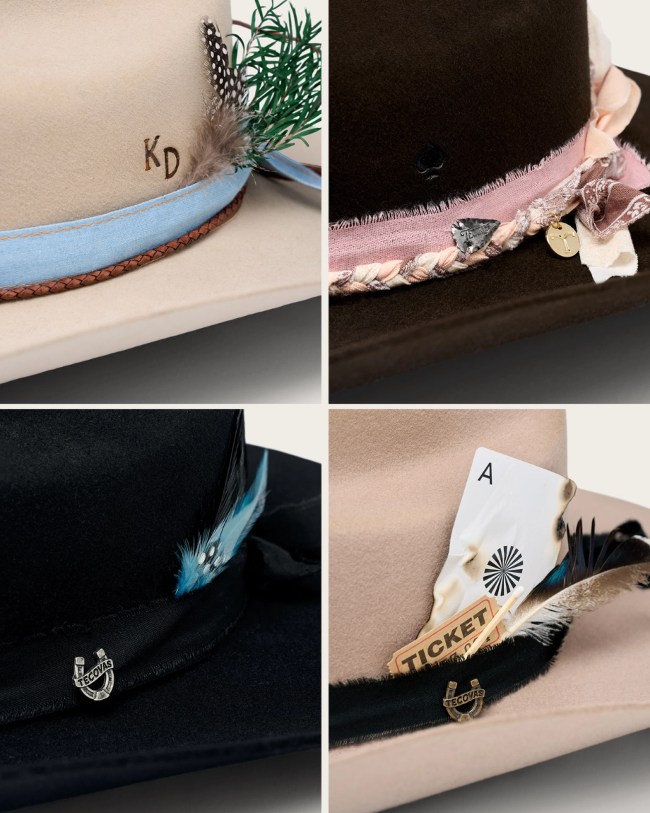 Four close-up images of beige and black cowboy hats, each decorated with unique hatbands, feathers, cards, and various charms.