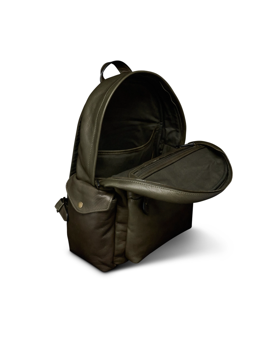 Quarterfront view of Men's Leather Backpack - Dark Olive on plain background