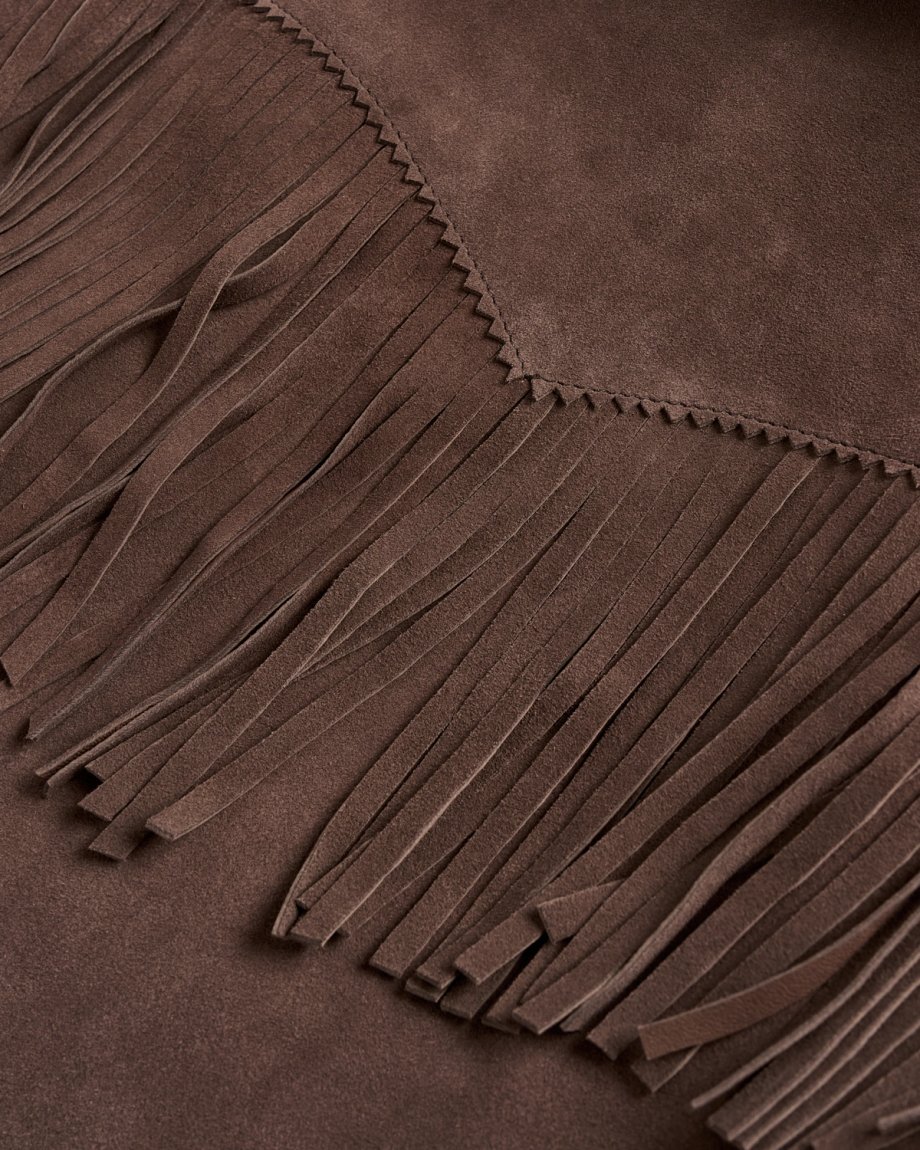 Closeup detail view of Women's Suede Fringe Jacket - Chocolate Brown