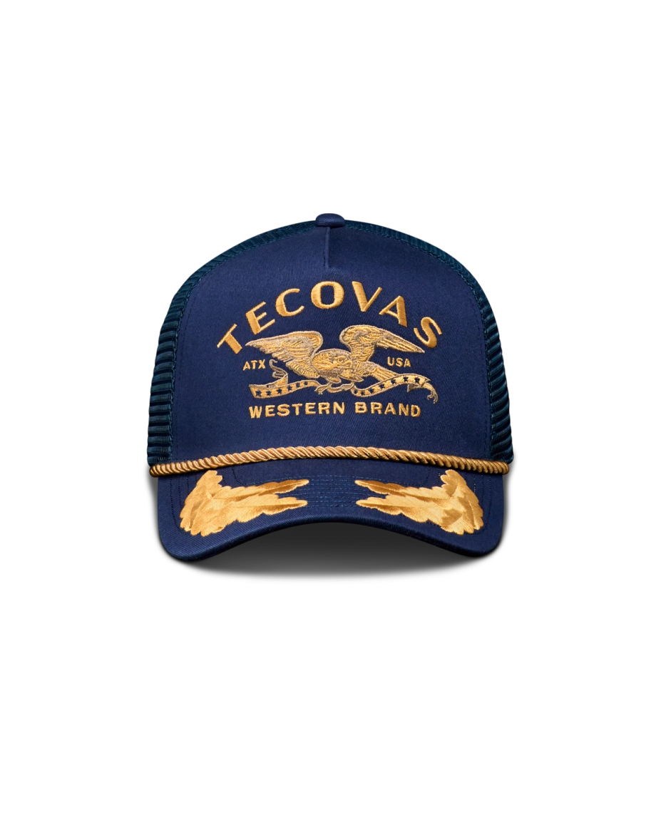 Front view of Eagle Western Brand 5 Panel High Pro Trucker - Navy on plain background