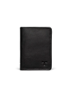 A black leather wallet with a small embossed logo on the lower right corner against a plain dark background.