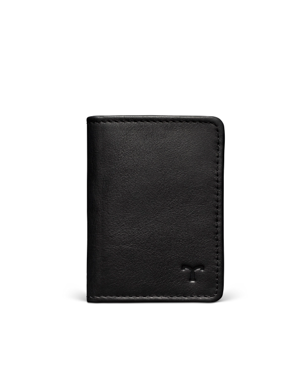 A black leather wallet with a small embossed logo on the lower right corner against a plain dark background.