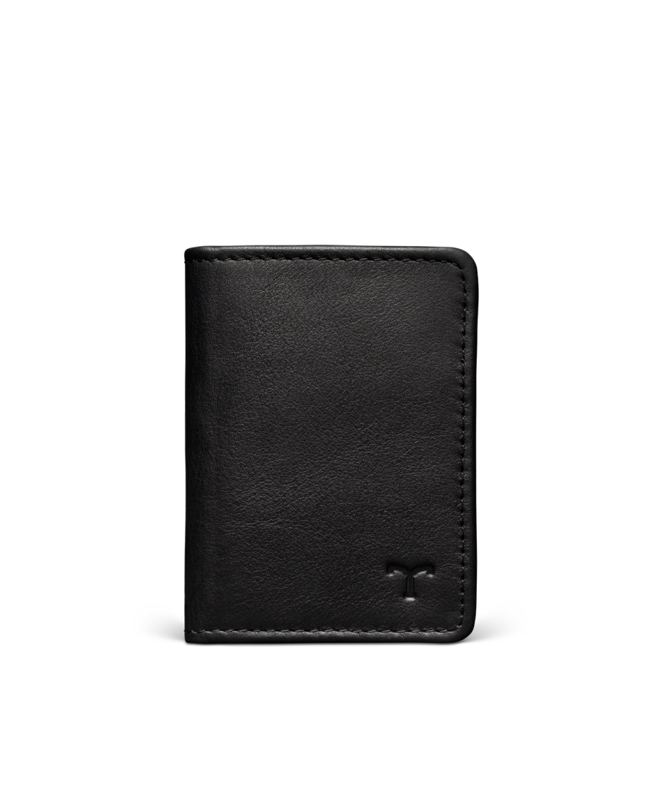 A black leather wallet with a small embossed logo on the lower right corner against a plain dark background.
