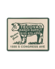 Illustration of a cow with text "Tecovas Ranch Supply," a phone number, and "1500 S Congress Ave" on a rectangular sign, styled with a vintage Western theme.