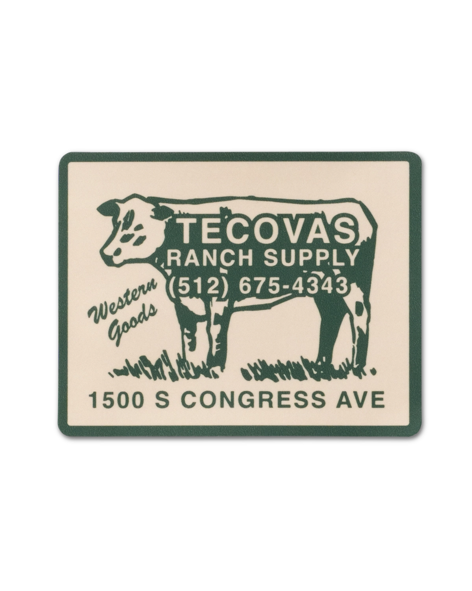 Illustration of a cow with text "Tecovas Ranch Supply," a phone number, and "1500 S Congress Ave" on a rectangular sign, styled with a vintage Western theme.