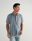 Front view of Men's Dobby Camp Shirt - Atlantic/Chambray on model