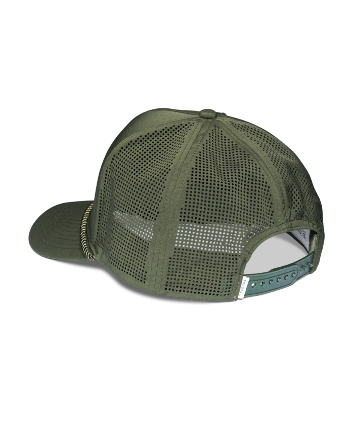 Green mesh-back baseball cap shown from the back, featuring an adjustable strap with a snap closure.