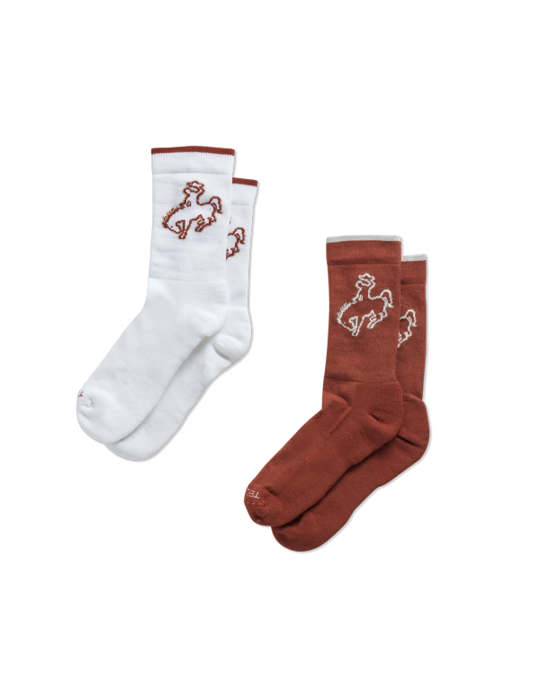 Quarterfront view of Buckin Bronc Crew Socks (2-Pack) - White / Rust on plain background