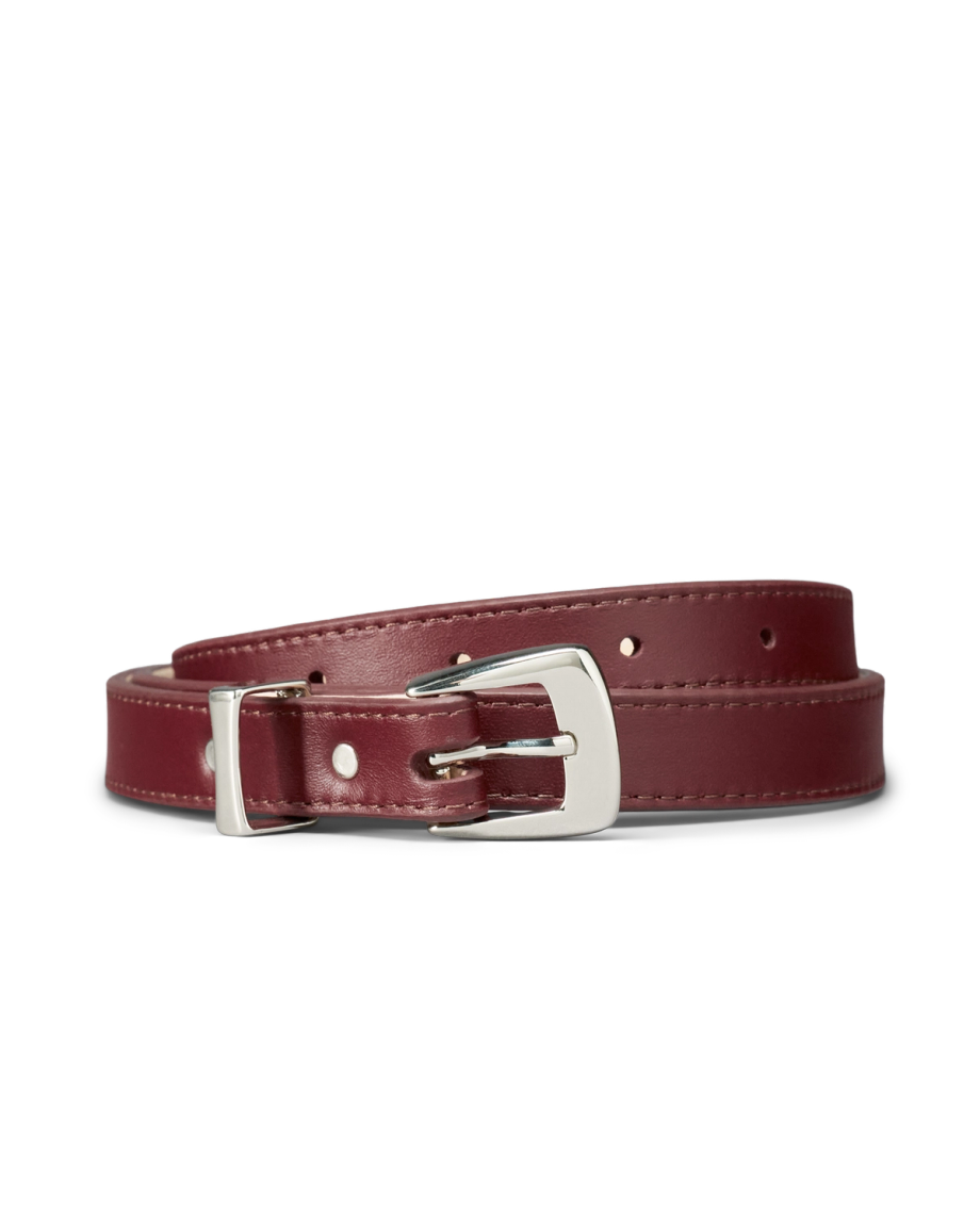 Front view of Women's Skinny 3 Piece Belt - Scarlet on plain background