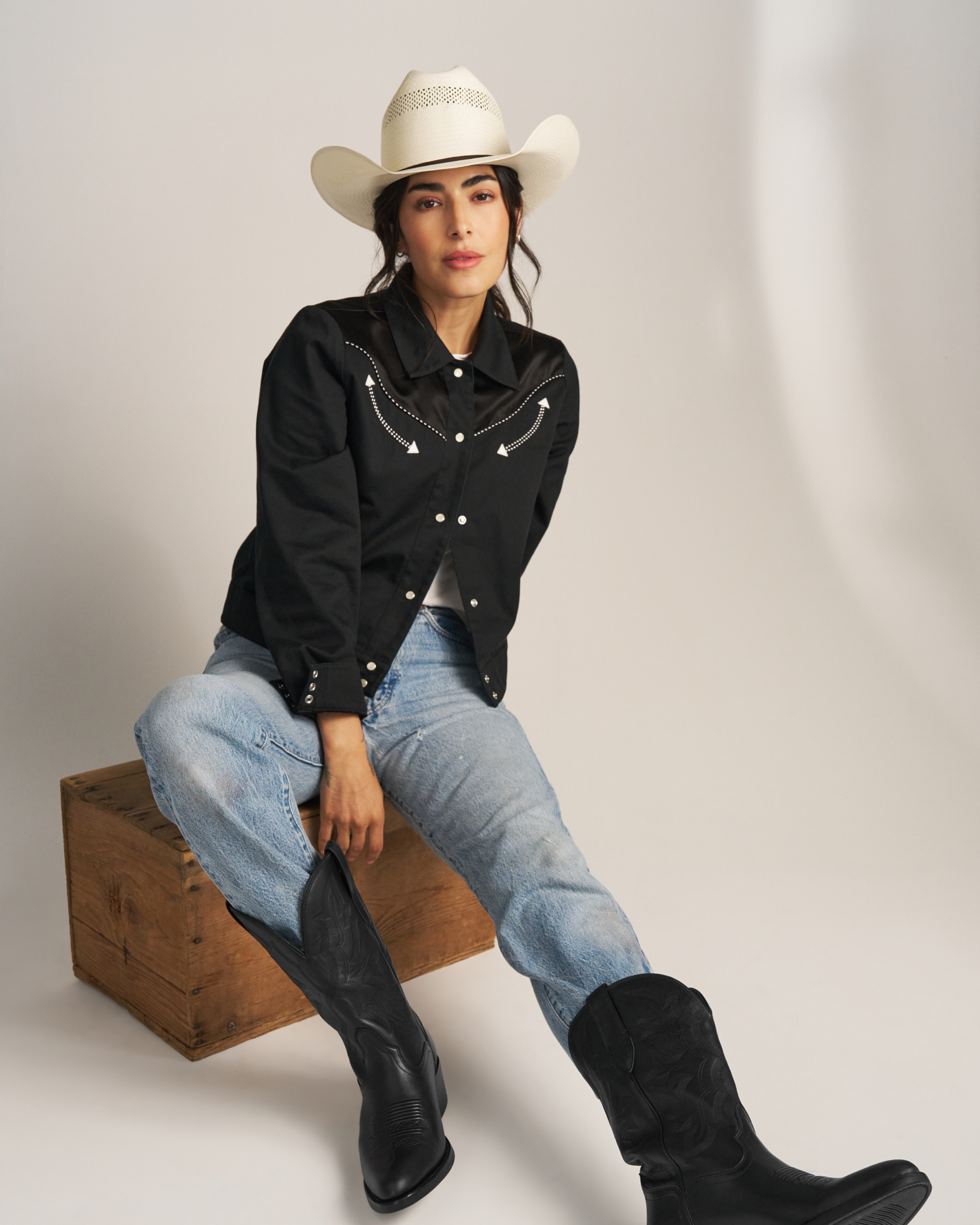 Full view of Women's Dolly Jacket - Black on model