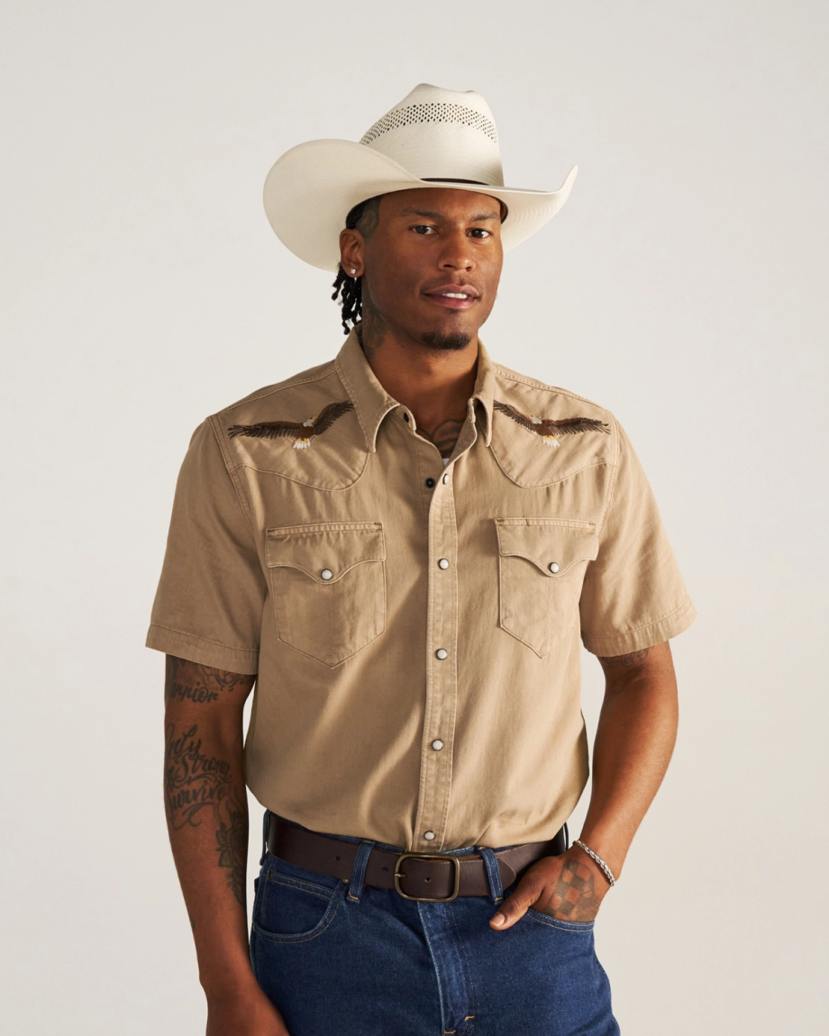 Closeup detail view of Men's Denim Pearl Snap SS - Coriander / Multi