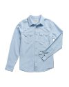 Light blue long-sleeve button-down shirt with two chest pockets, displayed against a plain background.