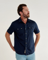 Closeup detail view of Men's Classic Fit Vintage Weight Sawtooth Short Sleeve Pearl Snap - Navy