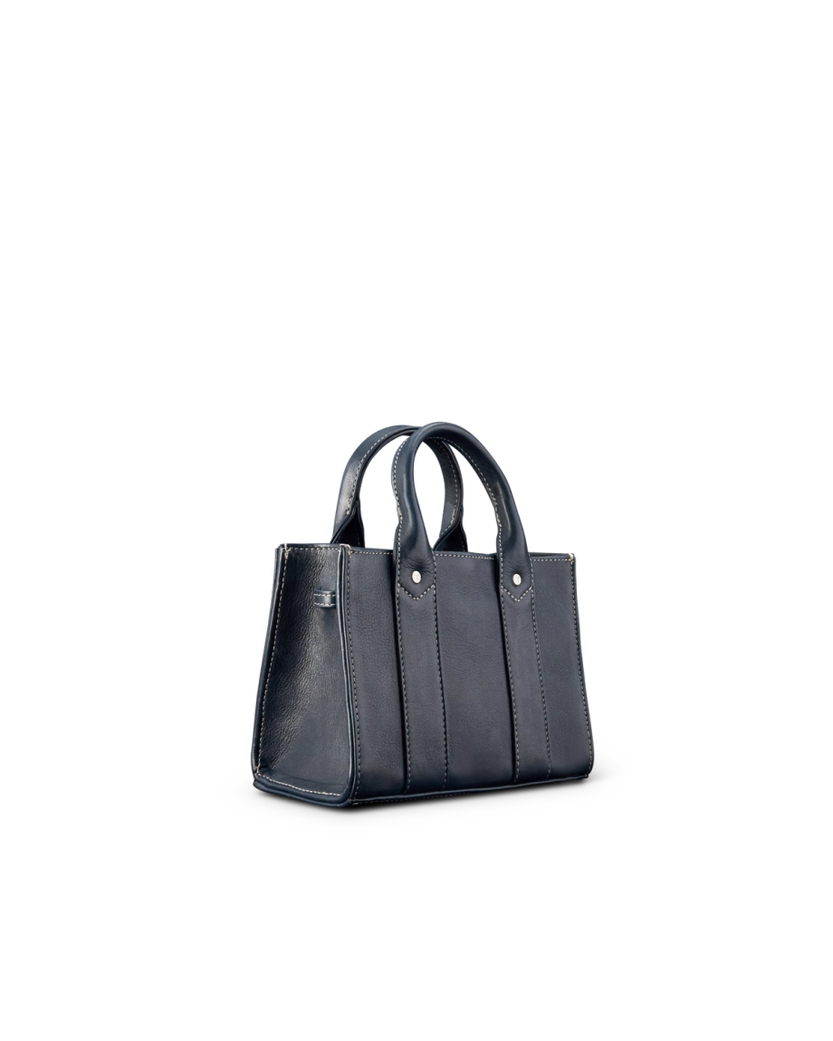 Quarterfront view of Mini Leather Satchel - Navy on plain background