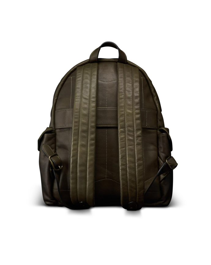 Back view of Men's Leather Backpack - Dark Olive on plain background