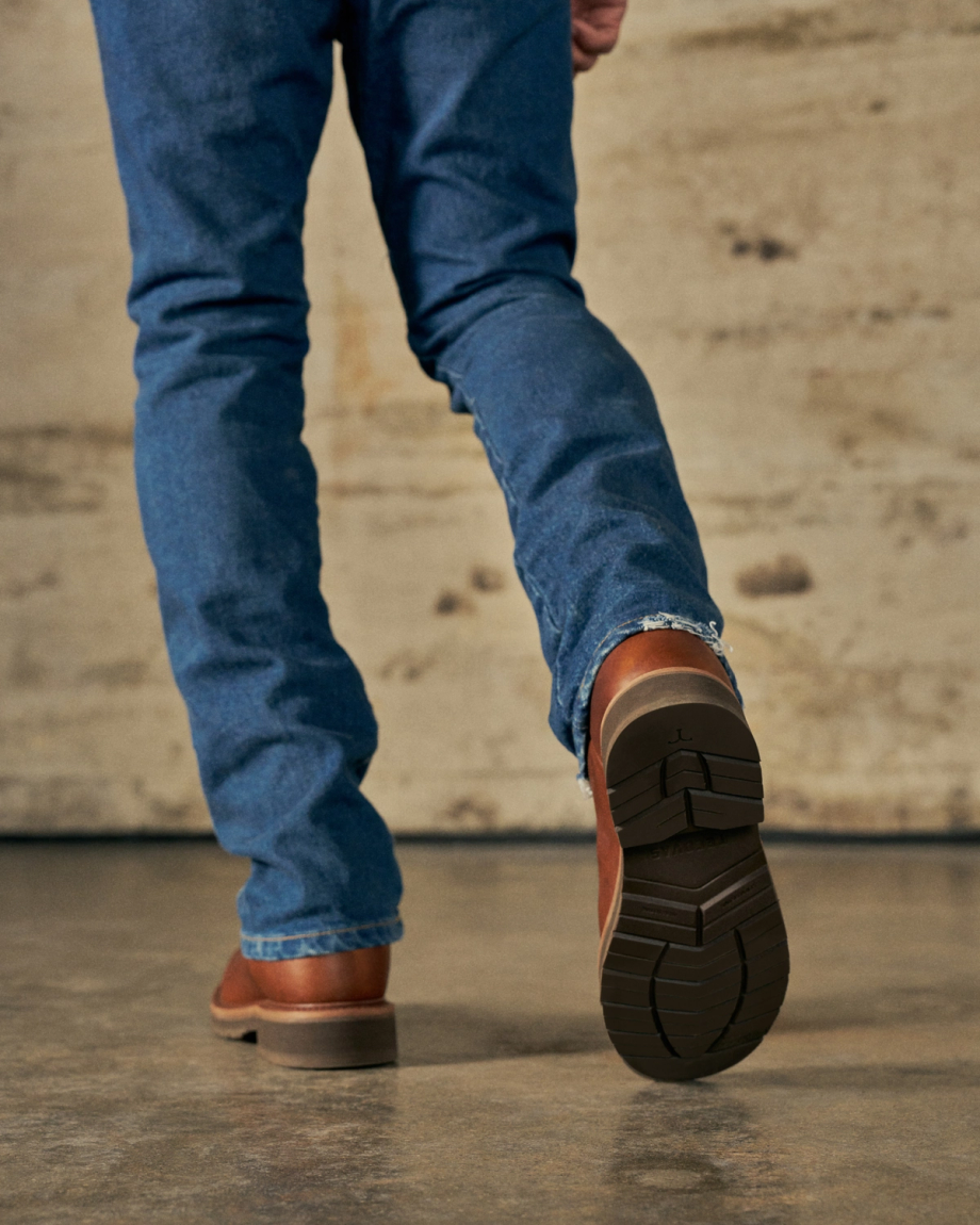 Toe view of The LH WP Round Comp Toe Work Boot - Saddle Cowhide on plain background