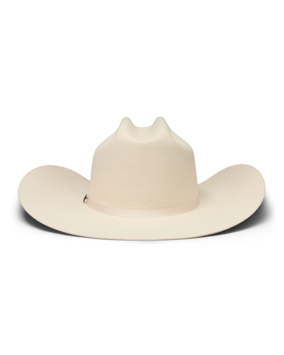 A wide-brimmed, light beige cowboy hat with a creased crown, displayed against a plain white background.