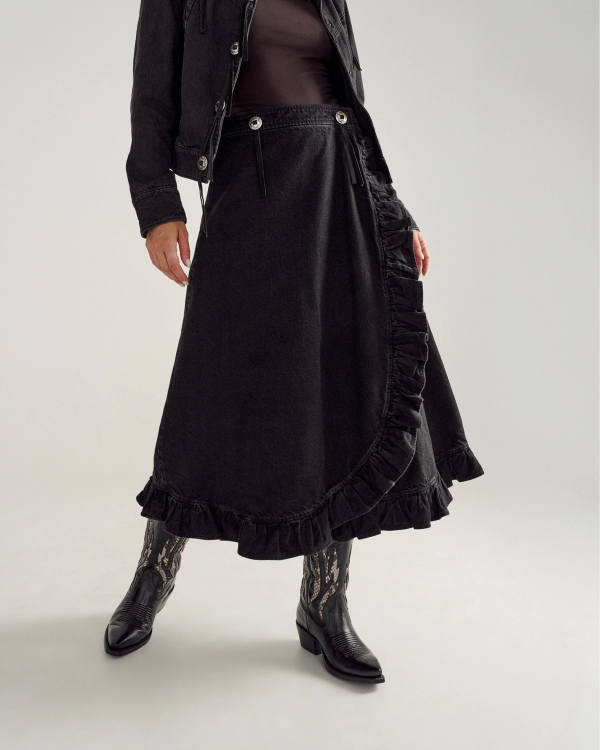 Front view of Women's Rodeo Maxi Denim Skirt - Black on model